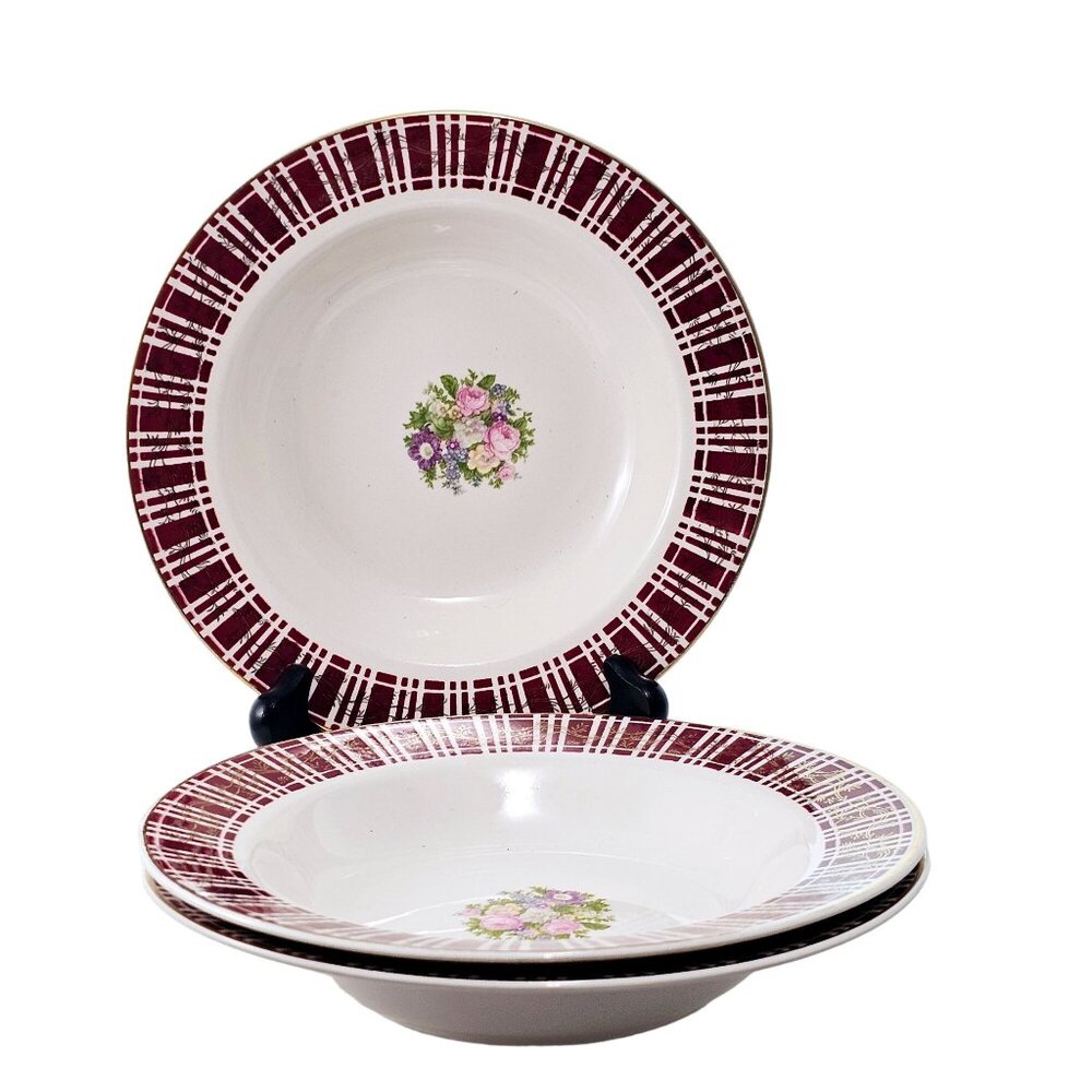 Homer Laughlin Piccadilly Salad Soup Bowls 8" 3pc red rim gold floral center1942